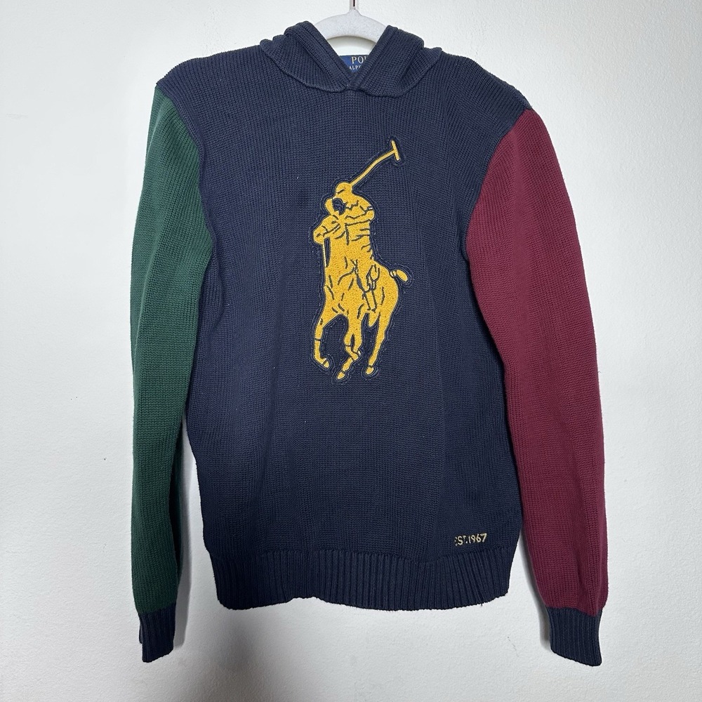 Polo Ralph Lauren Boys Blue Embroidered Big Pony Pullover Hooded Sweater Sz M/L